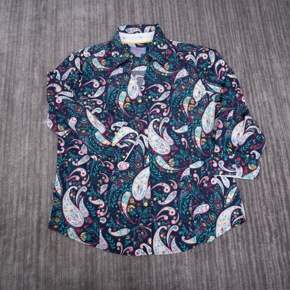 Laura Scott Button Up Shirt Womens Medium Navy Paisley Floral Stretch Top